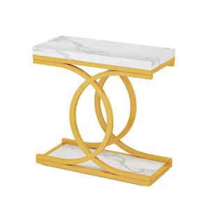 Andrea 23.6 in. White Gold Rectangle Wood End Table with Faux Marble Finish, Modern Side Table with Metal Geometric Base