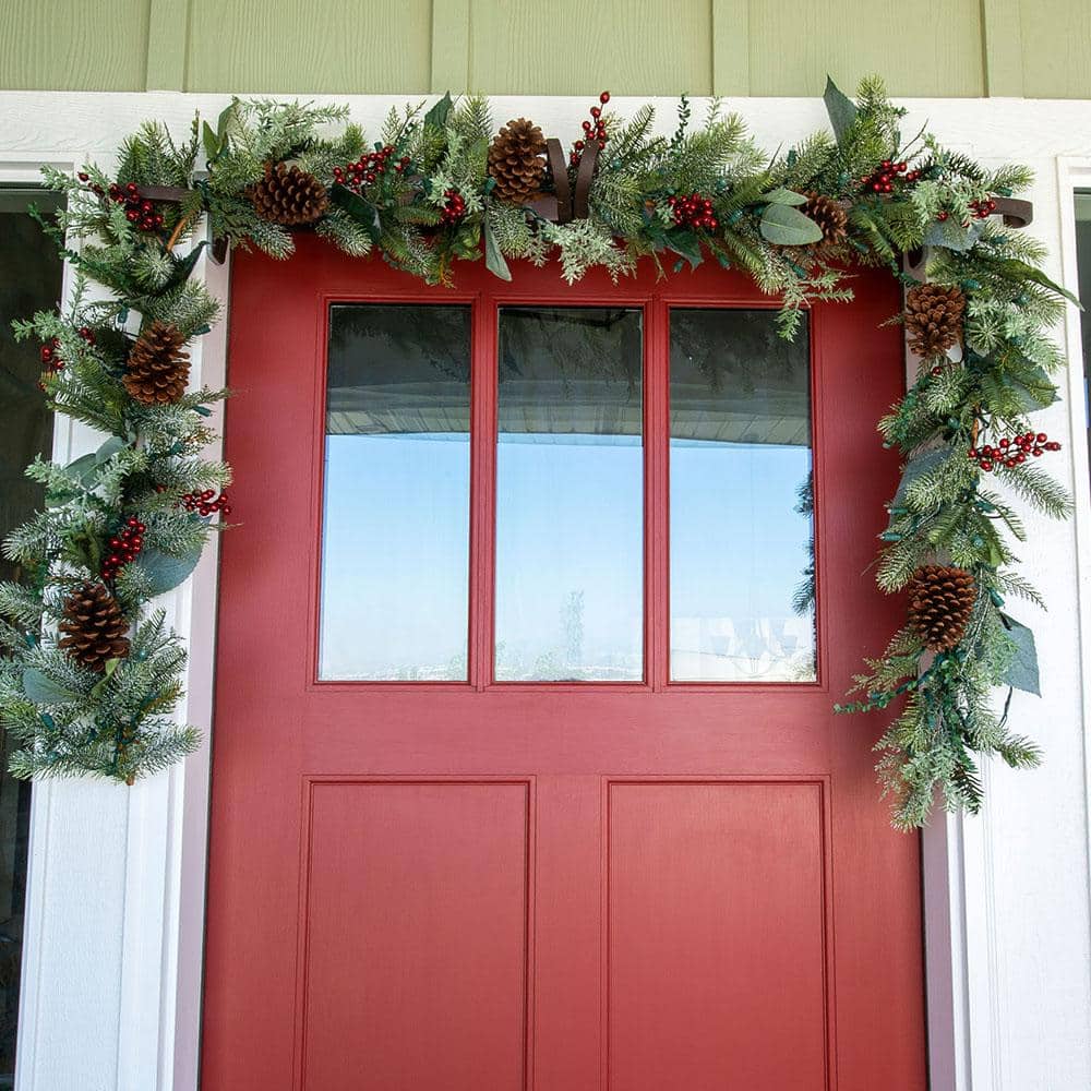 Frosted Pinecone 9ft LED Garland with Red Berries for Outdoor Decor