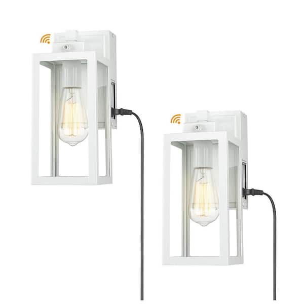 JAZAVA 12.2 in. White Dusk to Dawn Outdoor Hardwired Wall Sconce with Clear Tempered Glass Built in. GFCI Outlet (2-Pack)