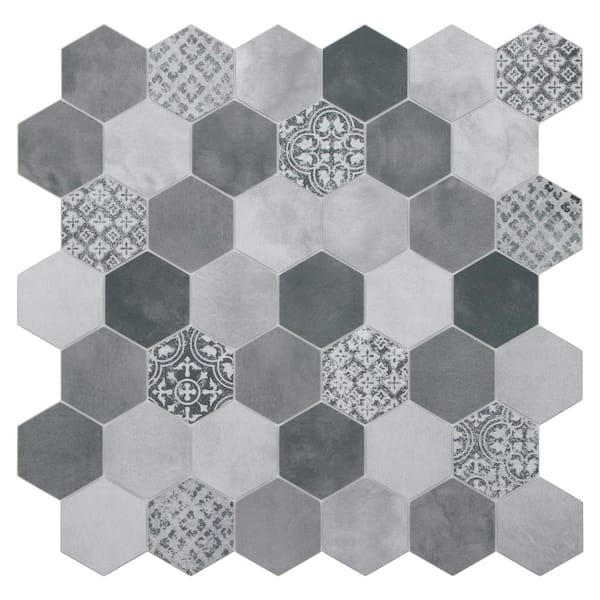 Hexagon 11.3 X 11.4 in. Cement Gray Peel and Stick Backsplash Stone ...