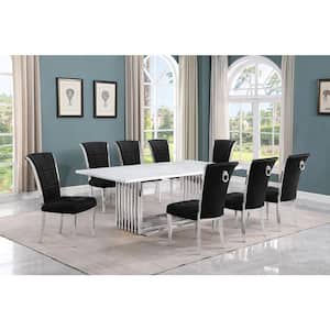 Lisa 9-Piece Rectangle White Marble Top Stainless Steel Base Dining Set With 8-Black Velvet Iron Leg Chairs