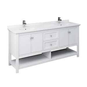 Manchester 72 in. W Bathroom Double Bowl Vanity in White with Quartz Stone Vanity Top in White with White Basins
