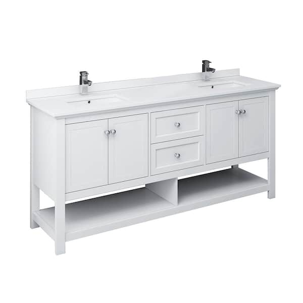 Fresca Manchester 72 in. W Bathroom Double Bowl Vanity in White with Quartz Stone Vanity Top in White with White Basins