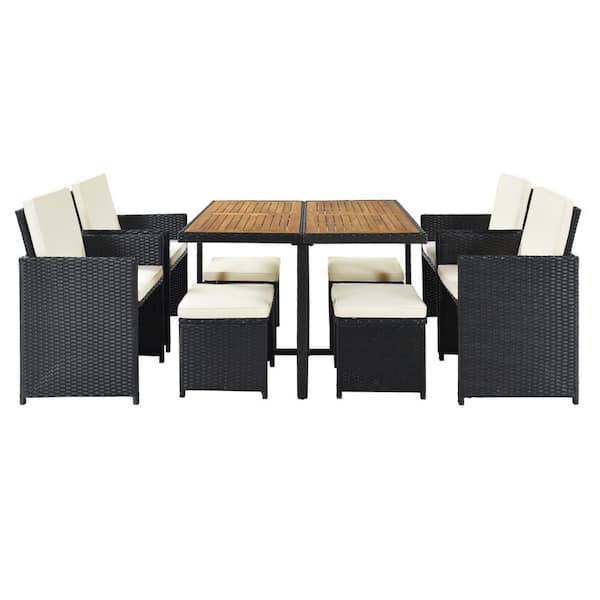 Boosicavelly 9-piece PE Wicker Patio Outdoor Dinner Table Set with Beige Cushion