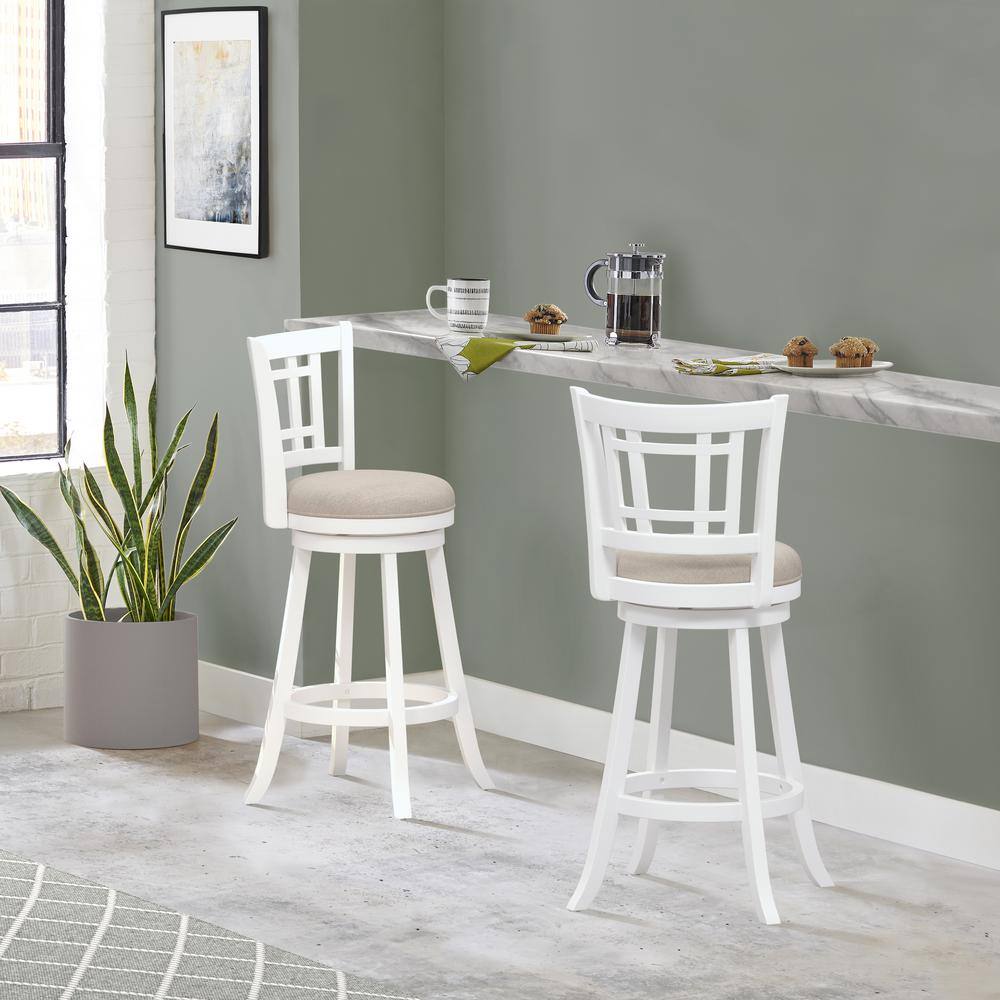 Elegant White Swivel Bar Stool with Beige Fabric Seat and Wood Accents