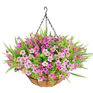 Artificial Plastic Hanging Baskets with Flowers for Outdoors Garden, Spring Decor for Patio Porch, Rose Red+Pink