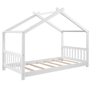 White Wood Frame Twin Size House Platform Bed with Headboard and Footboard, Roof Design