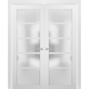 56 in. x 80 in. Universal Frosted Glass Solid MDF White Finished Pine Wood Double Prehung French Door with Hardware