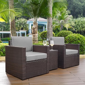 Palm Harbor 3-Piece Outdoor Wicker Conversation Set with Grey Cushions 2 Arm Chairs and Side Table