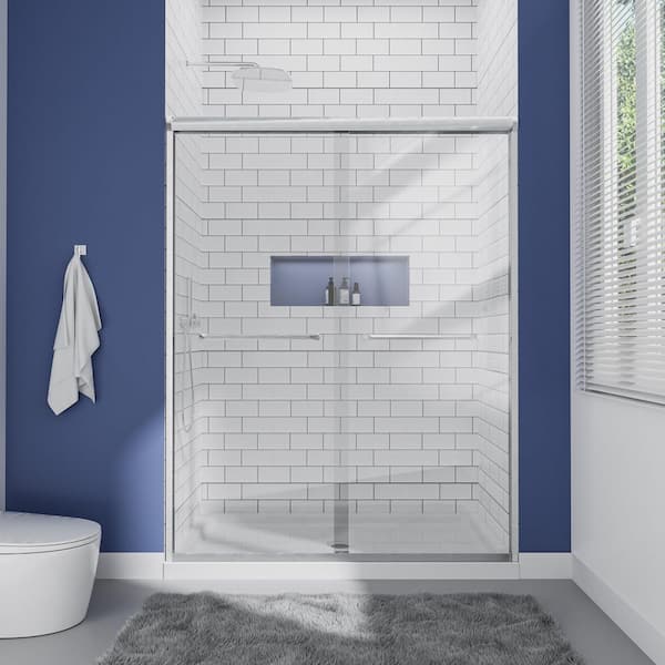 mortix 48 in. W x 72 in. H Double Sliding Framed Shower Door in Brushed Nickel with 1/4 in. Clear Glass