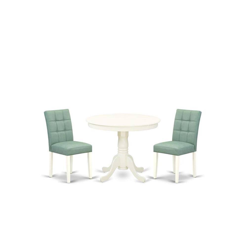 Linen White Round Pedestal Dining Table Set with Willow Green Faux Leather Chairs