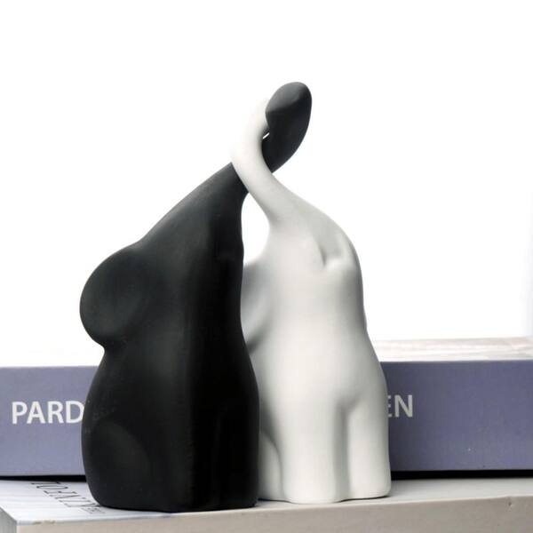 6 in. 2 in. Black White (Set of 2) Resin Loving Elephant Statue
