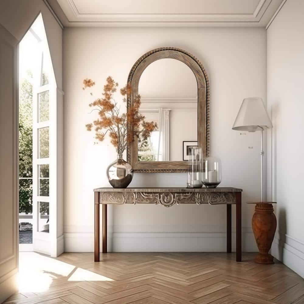 Natural Wood Oval Arch Wall Mirror with Beaded Frame