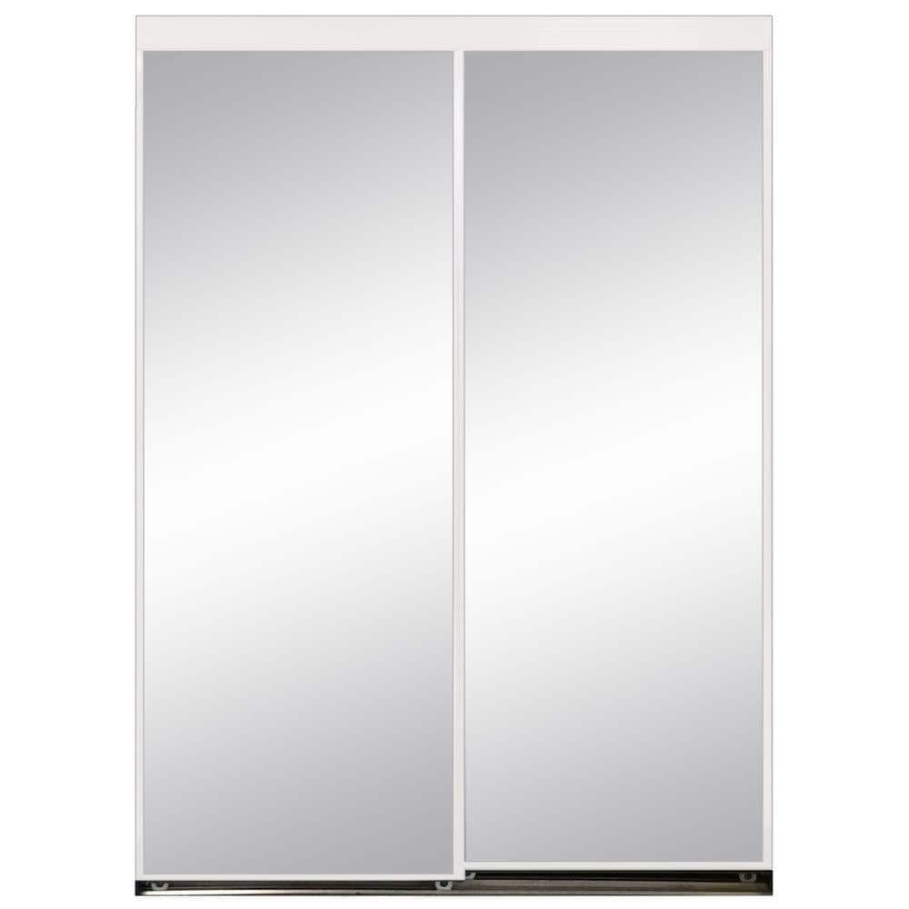 72 in. x 80 in. Aluminum Framed Mirror Interior Closet Sliding Door with White Trim