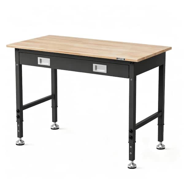 Adjustable Height Workbench with Drawer 48x24 Inch Rubberwood Top, 6 Levels, 2000 lb Capacity, ETL Power Strip, Pegboard
