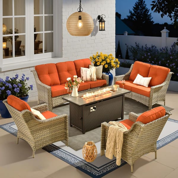 Eureka 5-Piece Wicker Outdoor Fire Pit Patio Conversation Sofa Seating Set with Orange Red Cushions