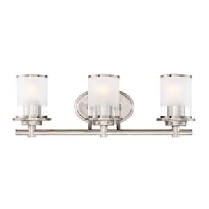 Essence 23.25 in. 3-Light Satin Platinum Transitional Vanity with Frosted and Clear Edge Glass Shades