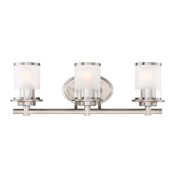 Designers Fountain Essence 23.25 in. 3-Light Satin Platinum Transitional Vanity with Frosted and Clear Edge Glass Shades