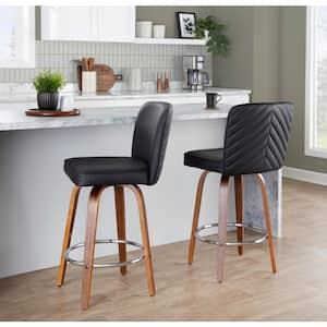 Henry 27 in. Black Faux Leather, Walnut Wood and Chrome Metal Fixed-Height Counter Stool (Set of 2)