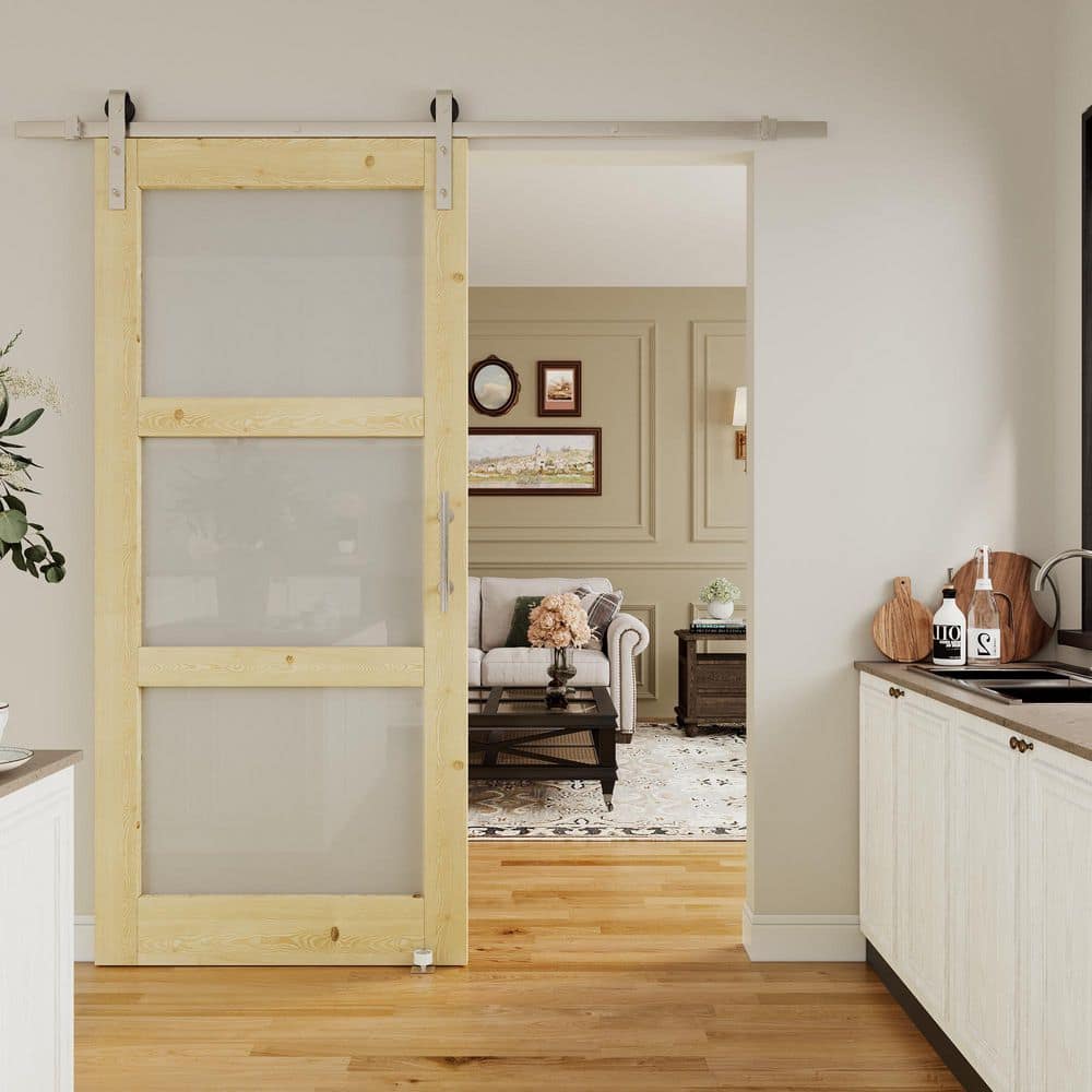 ARK DESIGN 36 in. x 80 in. 3 Lite Frosted Glass Unfinished Solid Core ...