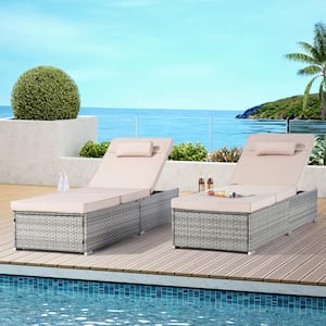 PE Rattan Wicker Outdoor Patio Chaise Lounge for Pool Lounge Area with Tilt Adjustable Backrest and beige Seat Cushion