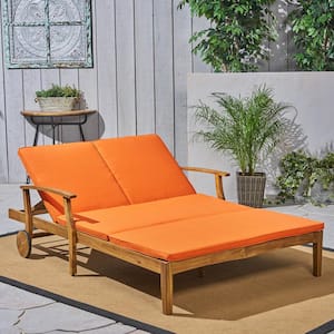 Perla Teak Brown 1-Piece Wood Outdoor Double Chaise Lounge with Orange Cushions
