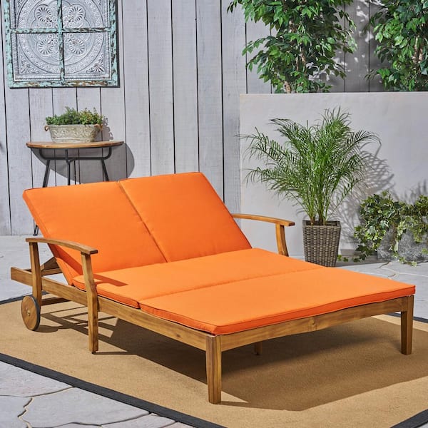 Noble House Perla Teak Brown 1-Piece Wood Outdoor Double Chaise Lounge with Orange Cushions