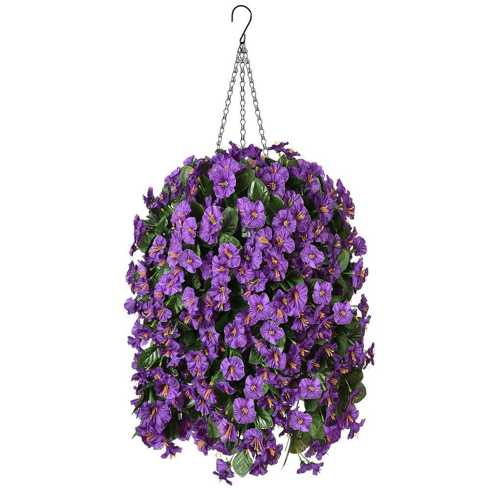 11 in. Artificial Faux Hanging Flowers Plants Basket, Fake Silk Purple