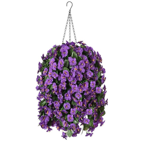 Unbranded 11 in. Artificial Faux Hanging Flowers Plants Basket, Fake Silk Purple Morning Glory Long Vines