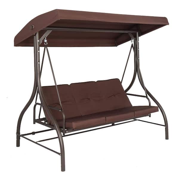 Karl home 3-Person Black Metal Patio Swing with Brown Canopy and Cusions
