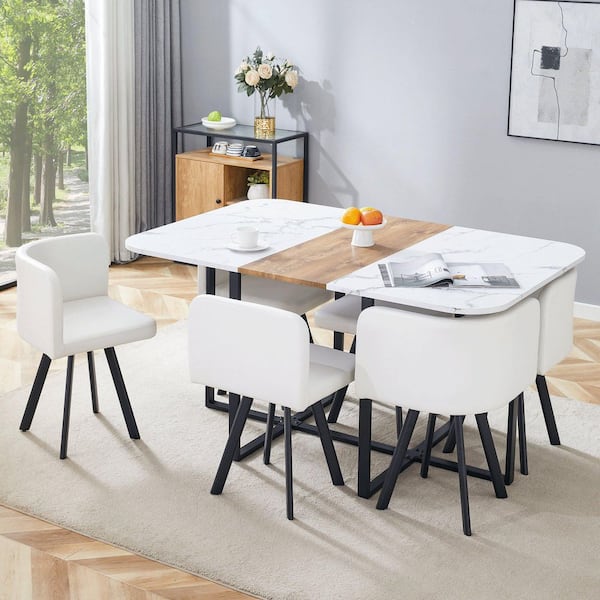 7-Piece Rectangular White Wood Top Dining Table Set Seats 6 with 6 PU Leather Chairs