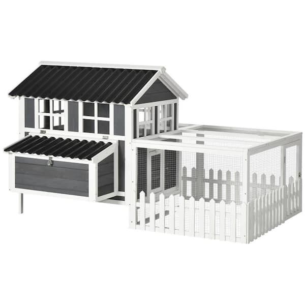PawHut Wooden Chicken Coop with Run for 4 - 6 Chickens, 68 in. x 59 in. x 42 in., Gray