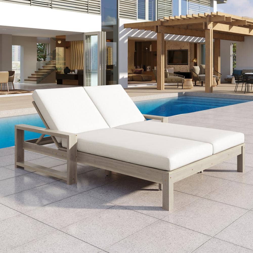 Gray Wood Outdoor Double Lounge Chair with 5-Position Adjustable Backrest with Beige cushion price history on PriceWatchPro