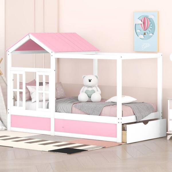 Harper & Bright Designs Pink And White Twin Wood House Bed With Roof 