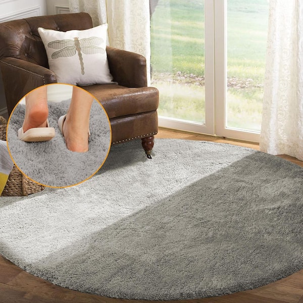 GHDG Solid Gray 4 ft. Shag Thick Plush Round Rug Area Rug