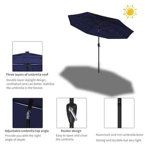 10 ft. Aluminum Pole Market Tilt Patio Umbrella 3-Tiers Vented Solar LED Outdoor Umbrella in Navy Blue