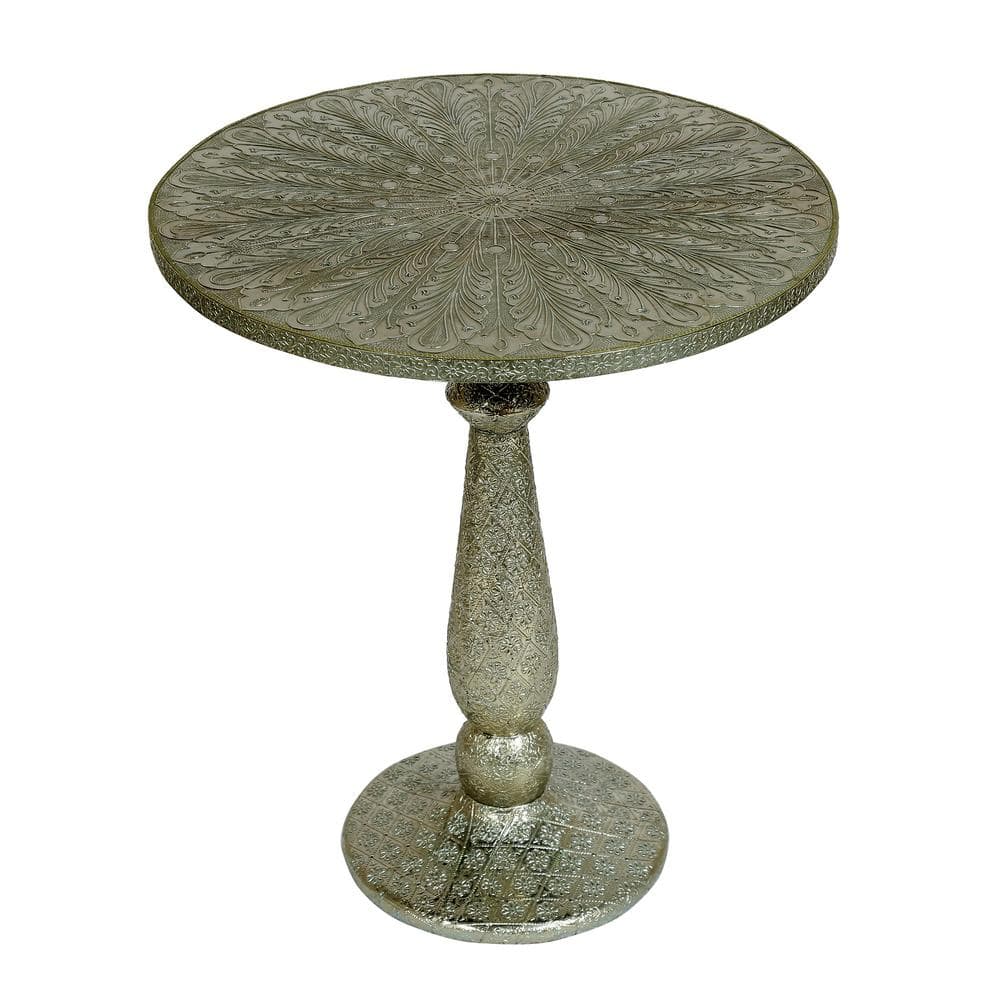 Silver Round Metal End Table with Floral Engravings