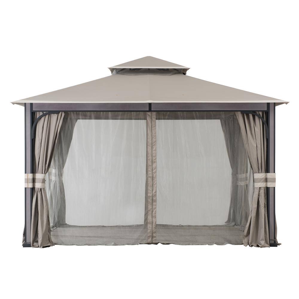 Light Gray 11 x 13 ft. Steel Frame 2-Tier Gazebo with Netting and Curtains