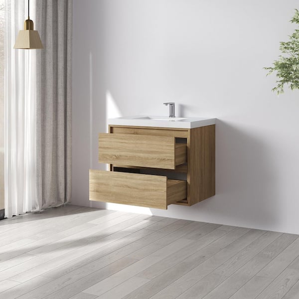 Purus 30 in. W x 20 in. D x 26 in. H Single Sink Wall Mounted Bath Vanity in Oak with White Cultured Marble Top
