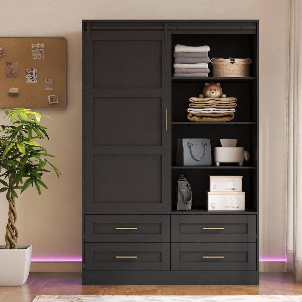 Farmhouse Collection Black Wood 47.24 in. Armoire with Hanging Rod & Open Shelves