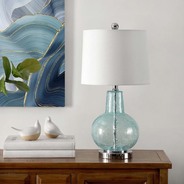 Atlas 24 in. Blue Crackle Table Lamp with Light Gray Shade