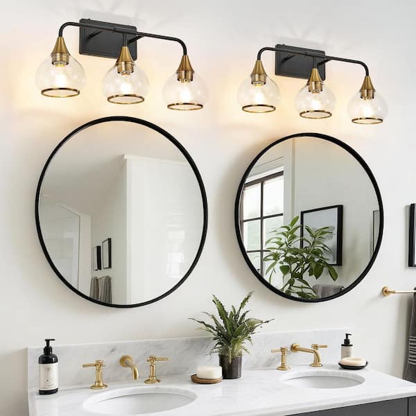 23 in. 3-Light Black and Gold Bathroom Vanity Light Fixture with Clear Glass Shades, No Bulbs Included