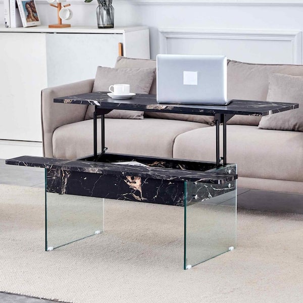Polibi 43.3 in. Black, Transparent Rectangle Glass Coffee Table with Multifunctional Lift Top