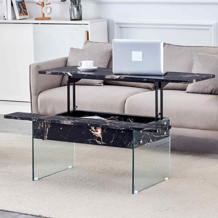 Polibi 43.3 in. Black, Transparent Rectangle Glass Coffee Table with Multifunctional Lift Top