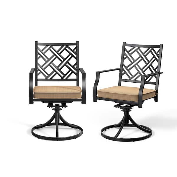 Bigroof Black Steel Swivel Wicker Outdoor Lounge Chair with Beige Cushions (Set of 2)