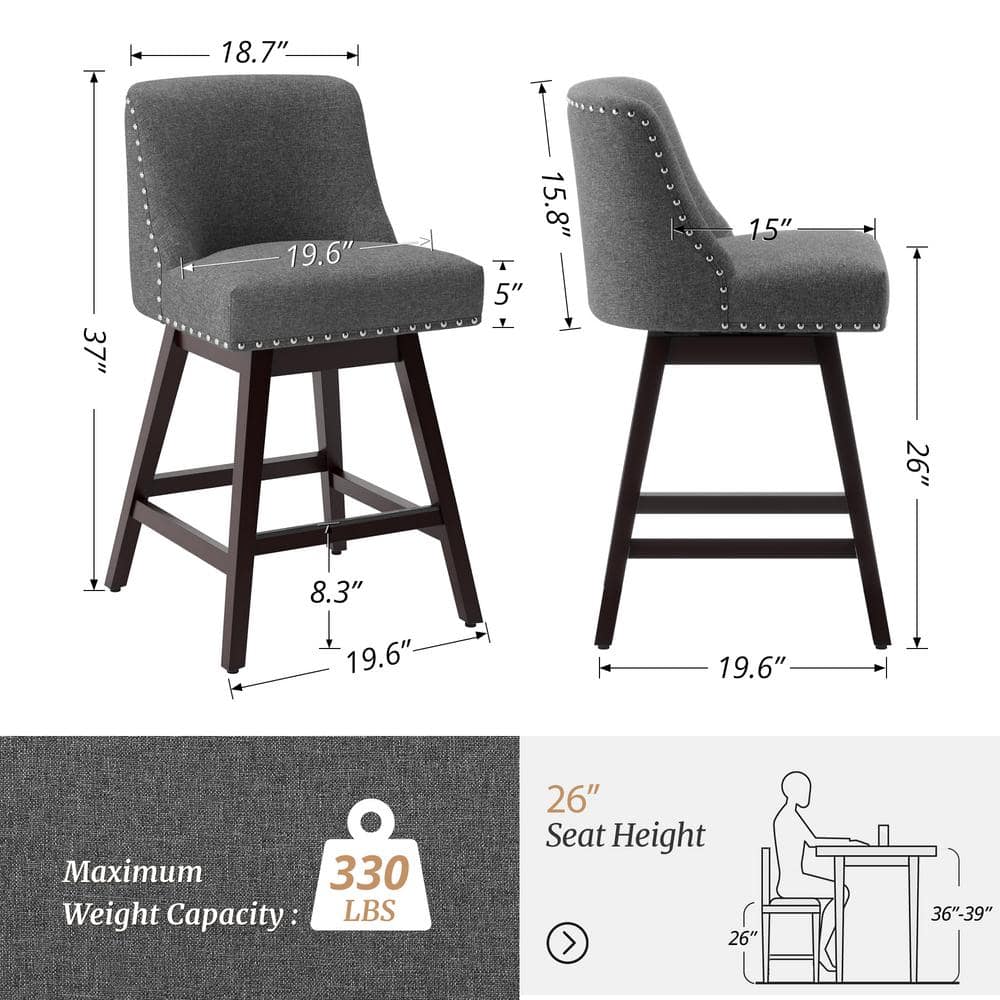Charcoal Gray Swivel Counter Height Bar Stools with Wood Legs, Set of 2