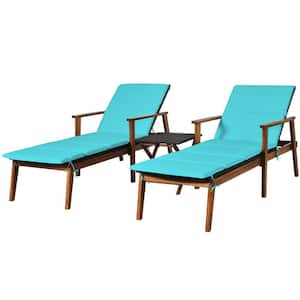 3-Piece Acacia Wood Outdoor Patio Chaise Lounge Chair Set with Folding Table and Turquoise Cushions