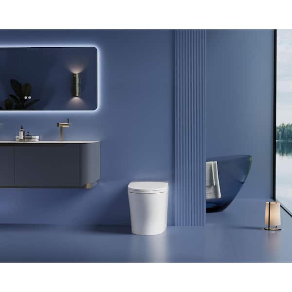Elongated ADA Smart Bidet Toilet 1.28 GPF in White with Black Backlid, Auto Flush, Foam Shield, Pump Assisted