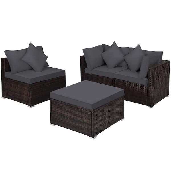 Costway 4-Pieces Wicker Outdoor Sectional Set Patio Sofa Ottoman with Grey Cushions