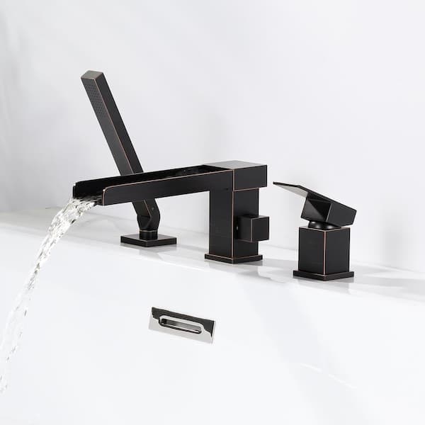 Single-Handle Deck-Mount Roman Tub Faucet with Swivel Waterfall Spout, Hand Shower with 59" Hose in Oil Rubbed Bronze
